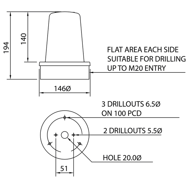 deegee RFE IP65 Rotating Mirror Beacon 115-230Vuc White Base 194mm x 146mm dia. Green - Image 2